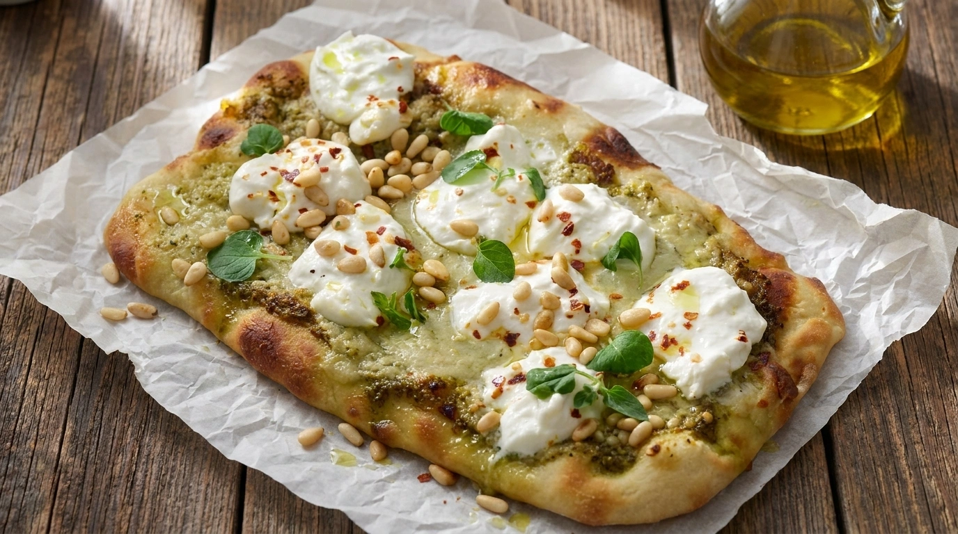 Minipinsa med pesto, burrata och pinjenötter | Enkel vårmiddag